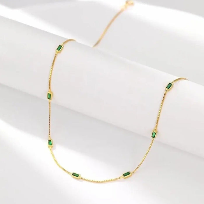 Sterling silver gold-plated necklace green zirconia rectangle