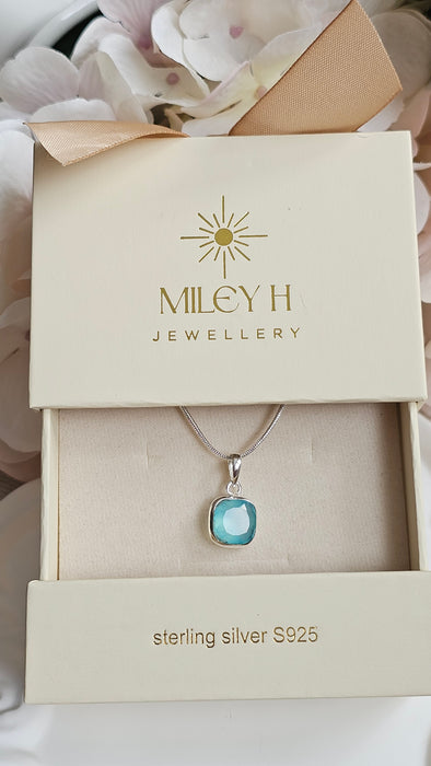 Sterling silver s925 pendant necklace blue chalcedony hand made square